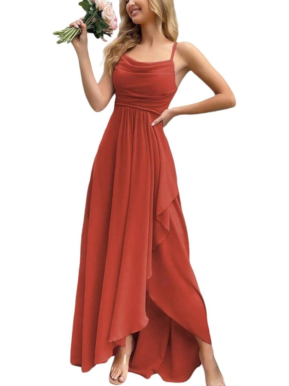 Women's Coral Orange Cowl Neck Spaghetti Strap Cocktail Bodycon Maxi Dress